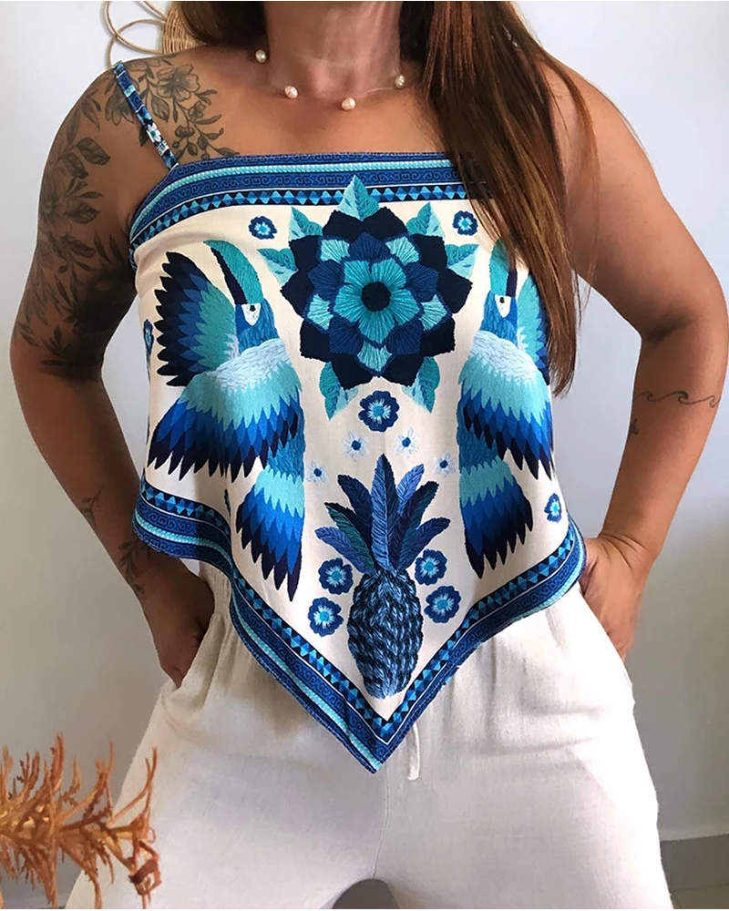 

Повседневный топ на бретельках с тропическим принтом и открытой спиной, завязкой на спине и асимметричным подолом для женщин