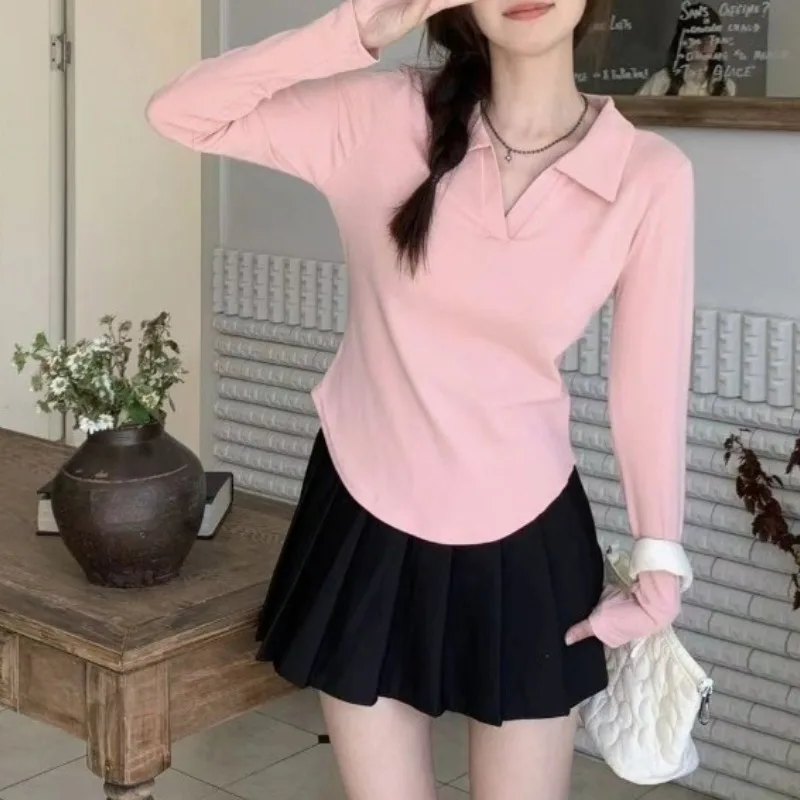 Spring and Autumn Women's Fashion Long Sleeve T-shirt Solid Bottom Vintage High Street Formal Office Lady Slim PulloverTops