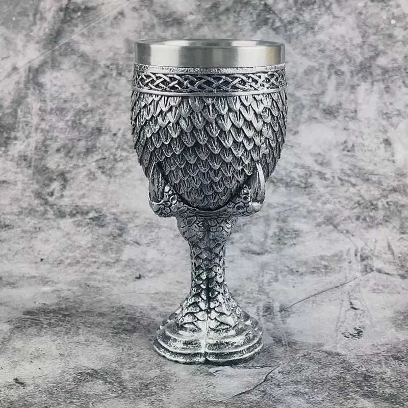 Creative 3D Embossed Dragon Scale Goblet Vintage Silver Dragon Claw 304 Stainless Steel Resin Bar Wine Glass Personalized Gift