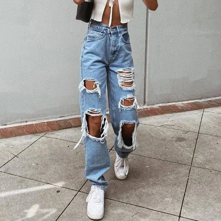 

High Waist Button Hole Jeans Loose Fit Denim Trousers Women's Straight Leg Jeans Casual Ripped Blue Jeans Autumn Faion
