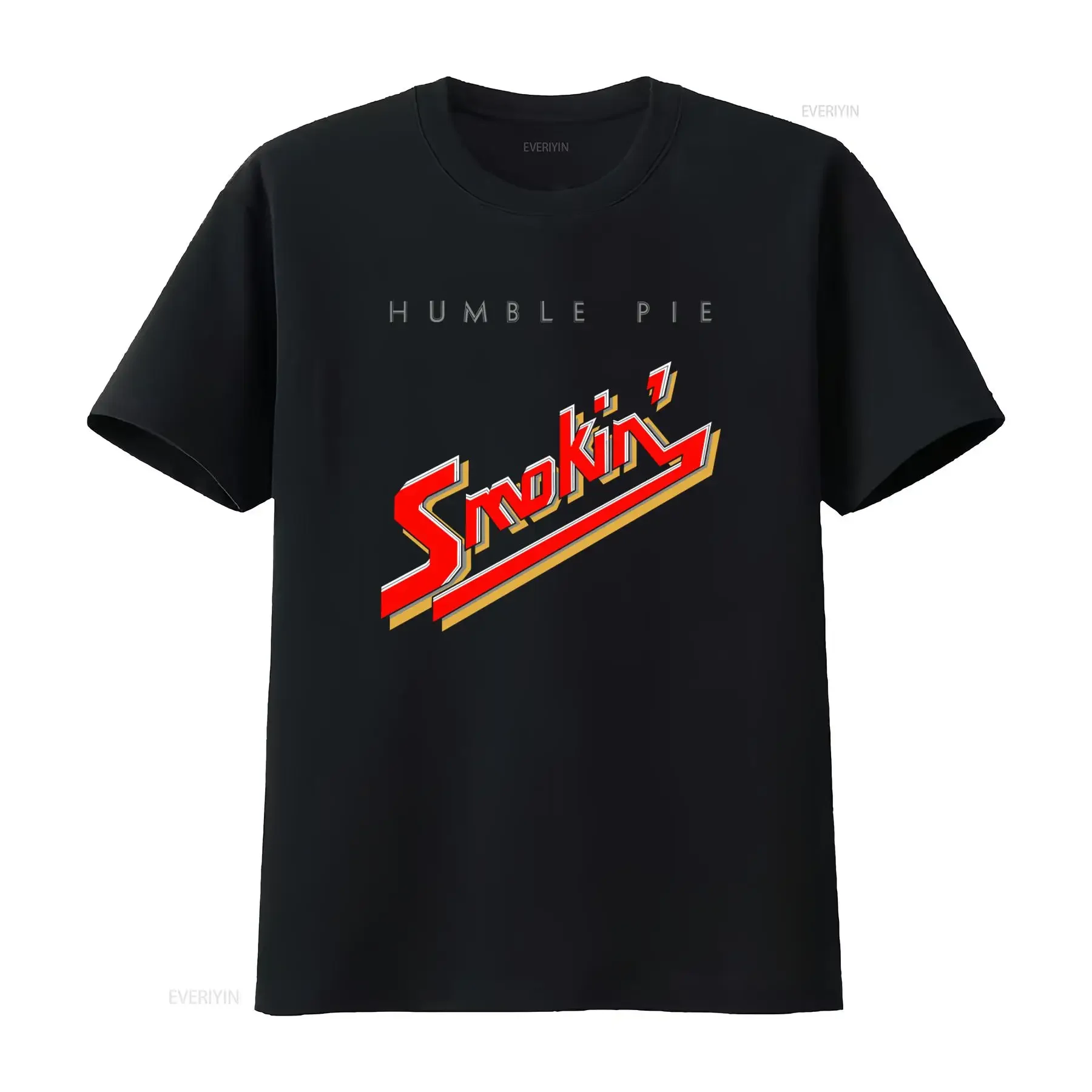 Humble Pie Smokin' T Shirt Official New Design Bold Red and Gold Lettering on Black Fabric Perfect for Rock Fans vintage Casual