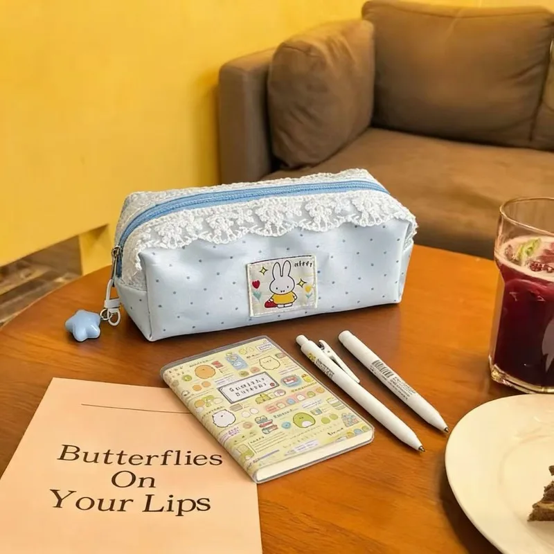 Minimalist Miffy Polka Dot Pencil Case with Lace Trim | Large Capacity Ins-Style Stationery Bag for Students - view 4