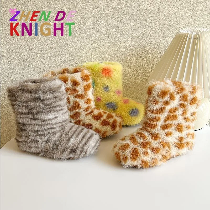 

Cute Fuzzy Plush Cotton Boots for Kids Winter Warm Fleece Short Boots Boys Girls Snow Footwear