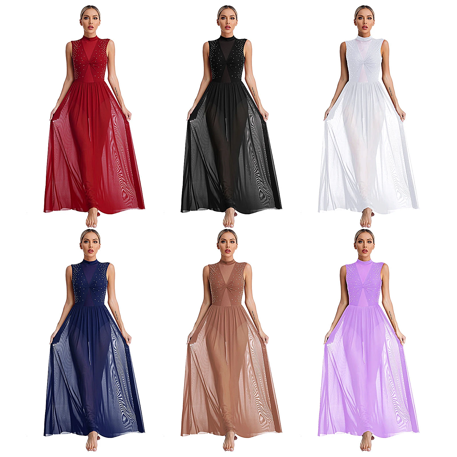 Lyrische moderne Tanz kleid Bühne Performance Kostüm einfarbig ärmellose offene Rücken Twist schiere Mesh Overlay Trikot Dance wear