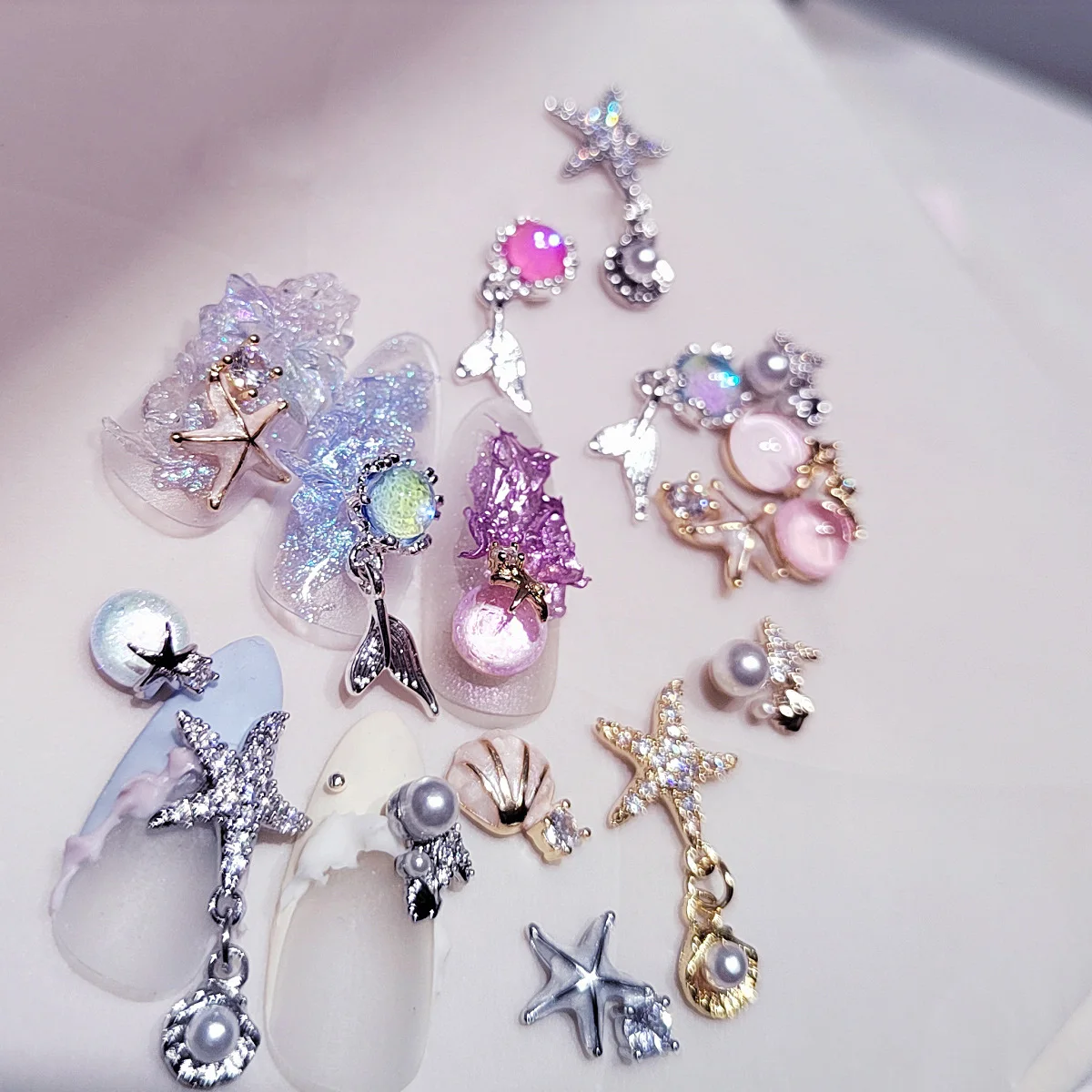 5pcs Ocean Trendy Bubble Bead Nail Art Decoration Gold Starfish Full Diamond Pendant Big Shell Mermaid Tail Sea Star Zircon