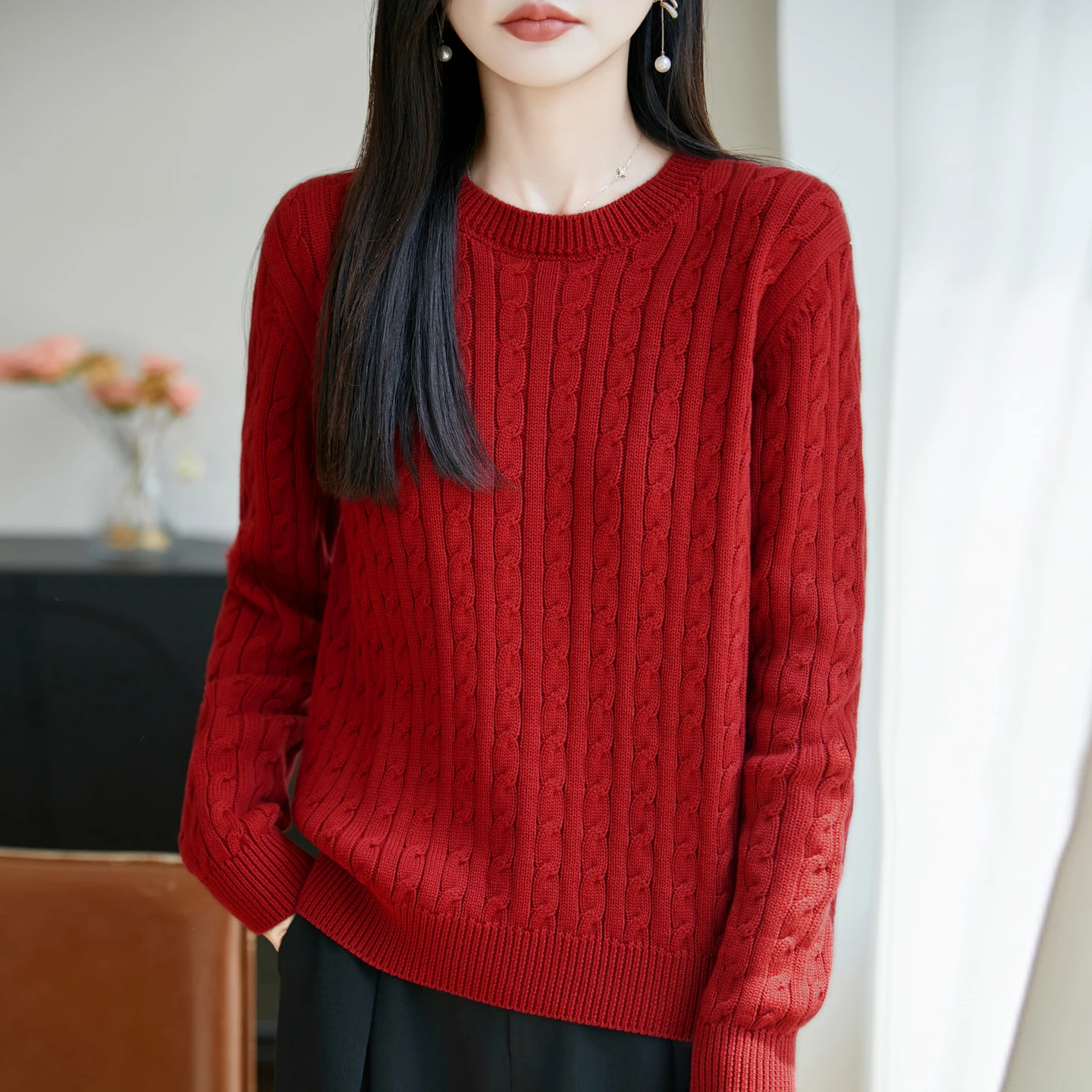 Autumnand winter new100% pure cotton women's sweater casual solid color knitted O-neck pullover loose Korean version women's top