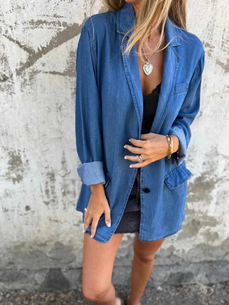 Denim Lapel Jacket Women Spring Autumn Fashion Button Jacket Pockets Coats Solid Color Long Classic Overcoat Loose Streetwear