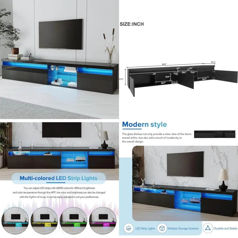 

LED-Illuminated TV Stand with 2 Glass Shelves, Modern Media Console for TVs with Ample Storage