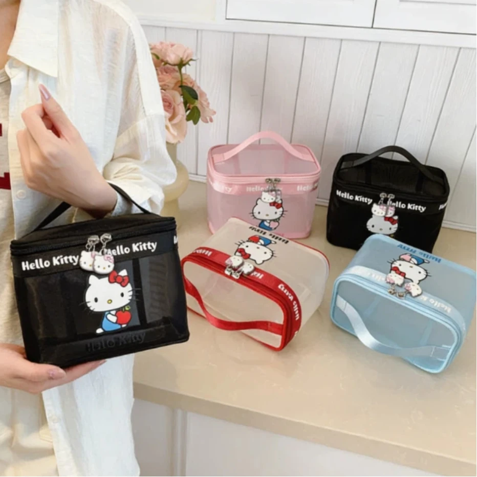 

Hello Kitty New Women's Handbag Fashion High Quality Mesh Storage Bag Cartoon Cute Versatile Large Capacity Girl Makeup Bag