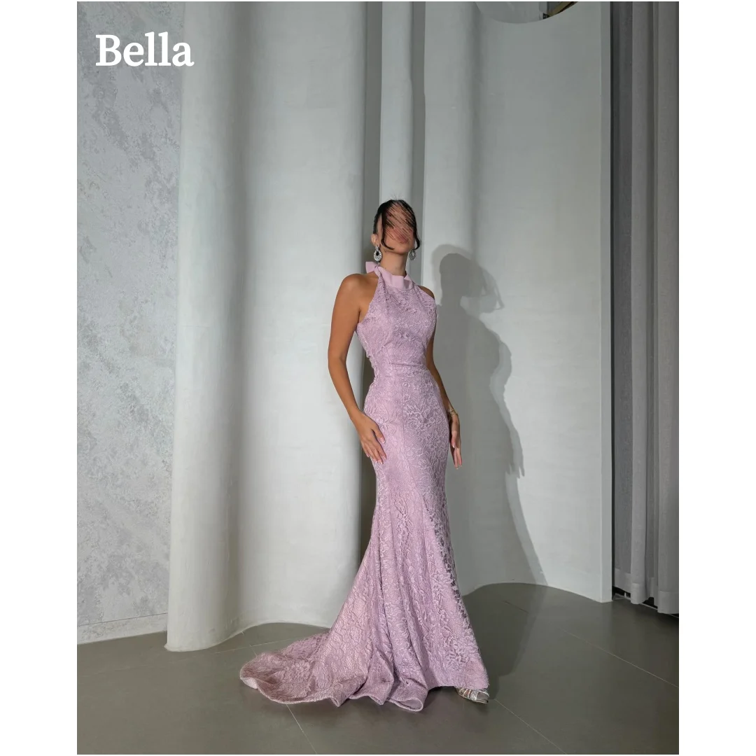 Bella Customized Pink Mermaid Halter Neck robes de soirée Flowers Embroidery Lace Evening Dresses Sleeveless Wedding Dress 2024