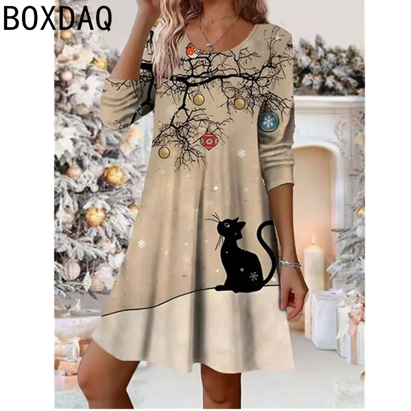 3D Funny Cartoon Cat Print Mini Dress Vintage Loose A-Line Casual Dress Autumn New Women's Long Sleeve O-Neck Sweet kawaii Dress