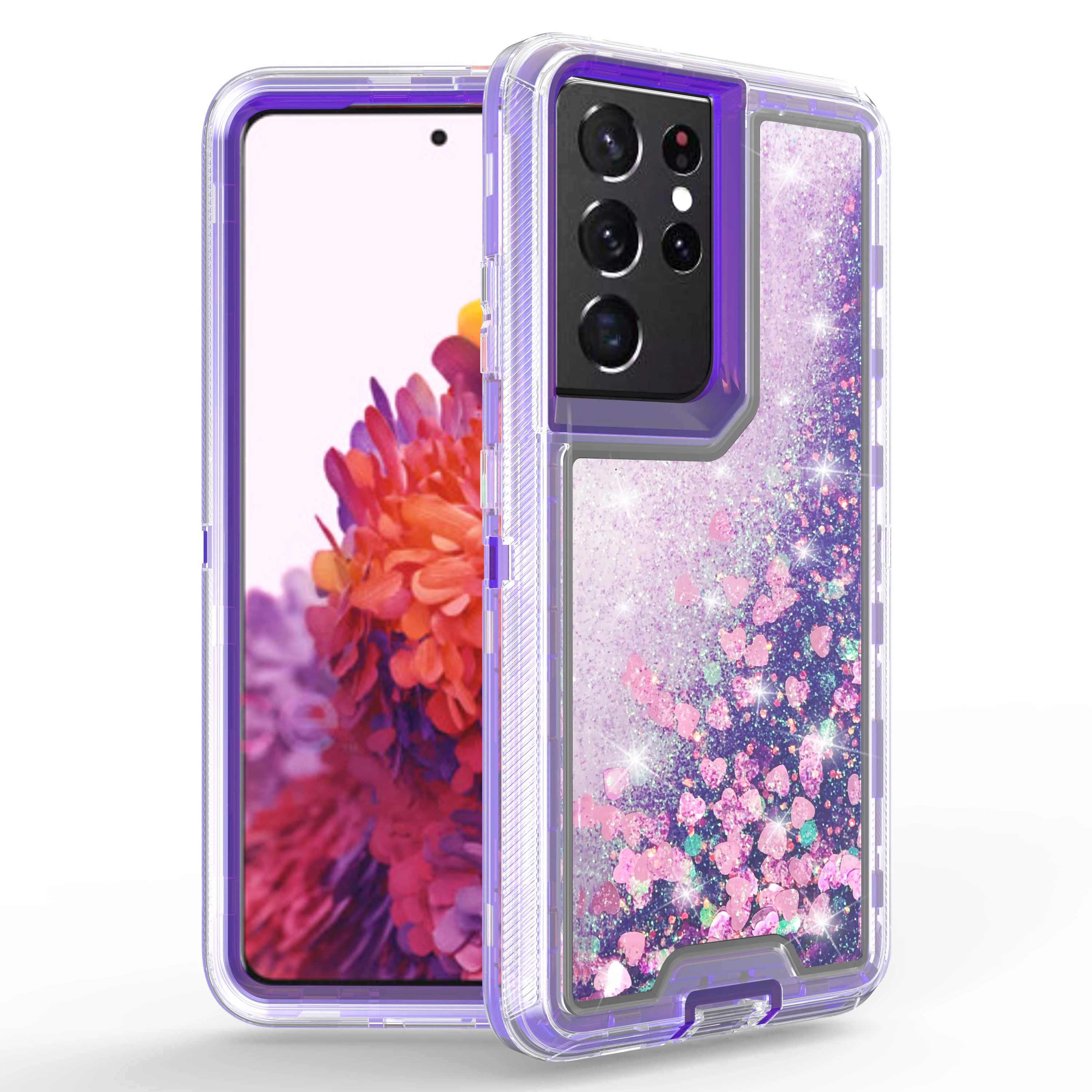 3 in 1 Funny Sparkle Bling Glitter Liquid Quicksand shockproof Phone Protective Case For Samsung Galaxy S21 Ultra 5G
