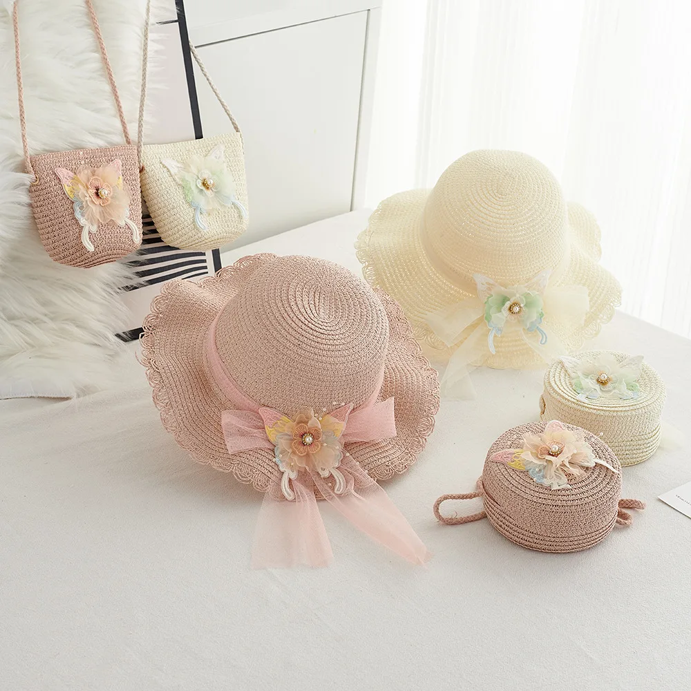 

Детская красочная соломенная шляпа с бабочкой и сумкой, комплект из 2 предметов, детская пляжная летняя шляпа от солнца на открытом воздухе для девочек и мальчиков