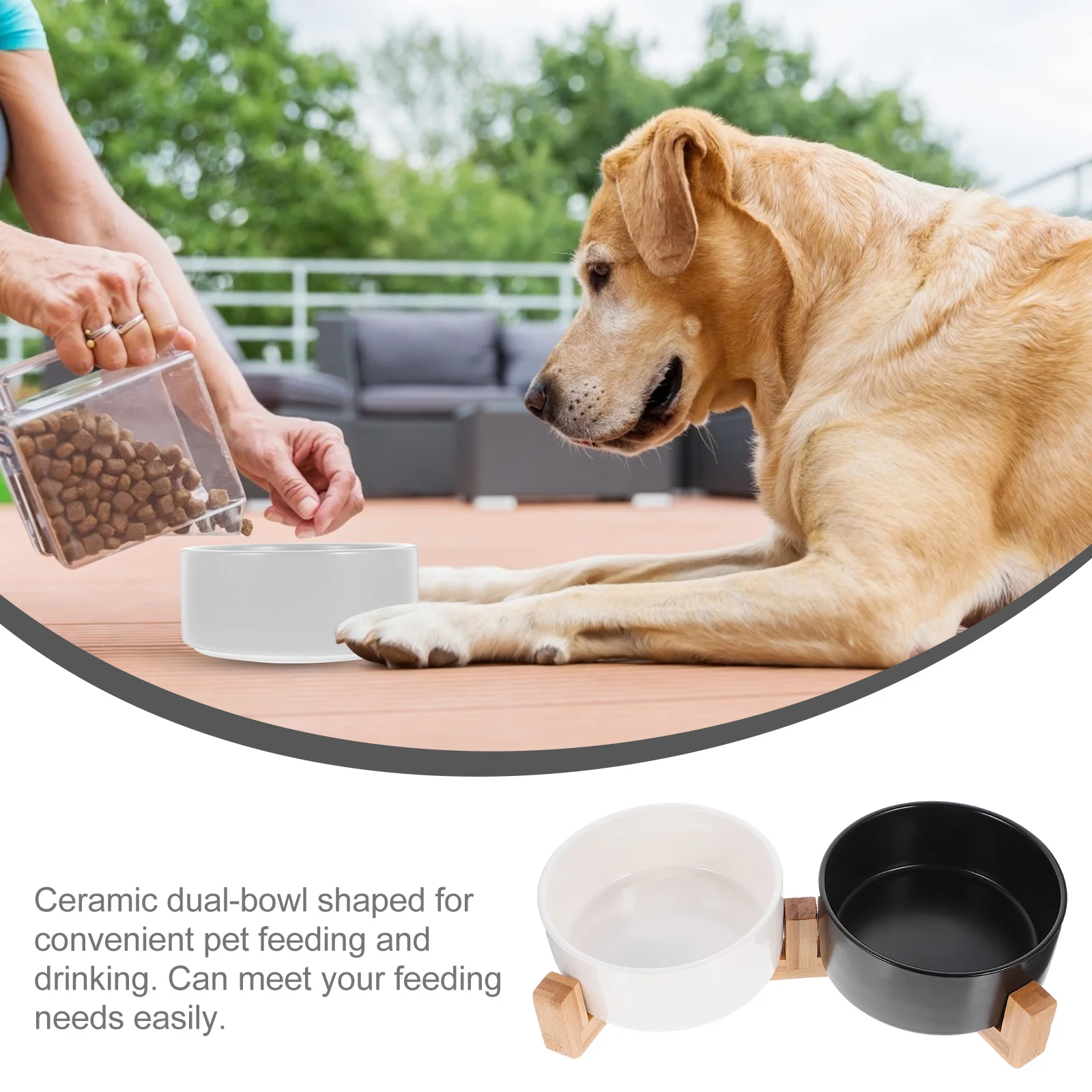 

1 Set Ceramic Dog Cat Feeding Bowl Dual Bowl Design Nonslip Wood Stand Pet Food Holder Water Dish for Indoor Use Stability