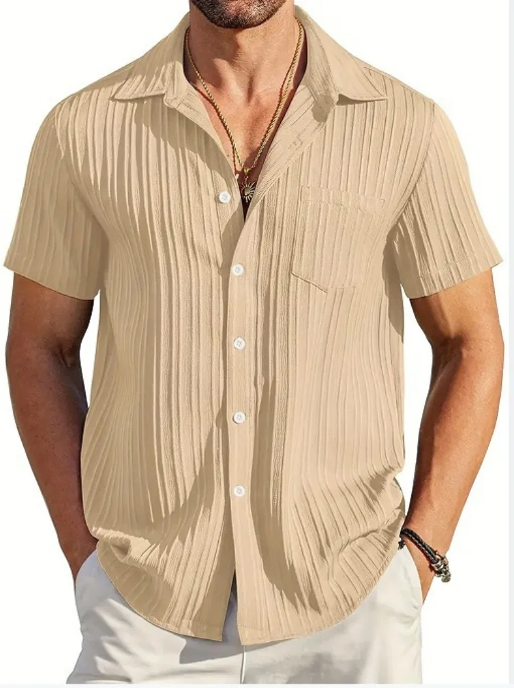 2024 Men's new casual fashion striped jacquard pit strip lapel chest pocket beach outdoor short-sleeved casual shirt