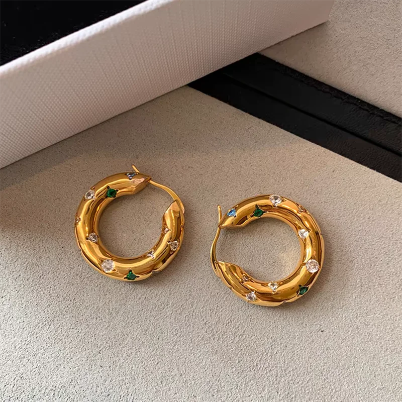 Exquisite Stainless Steel Crystal Zircon Gold Color Ear Buckle Hoop Earrings for Women Thick Round Circle Huggie Earring Jewelry