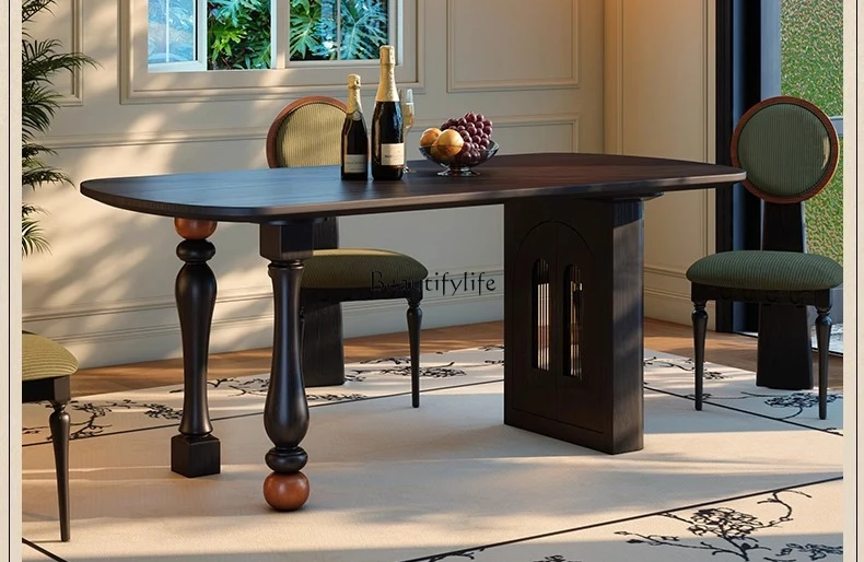 

French retro solid wood dining table black ash wood rectangular storage