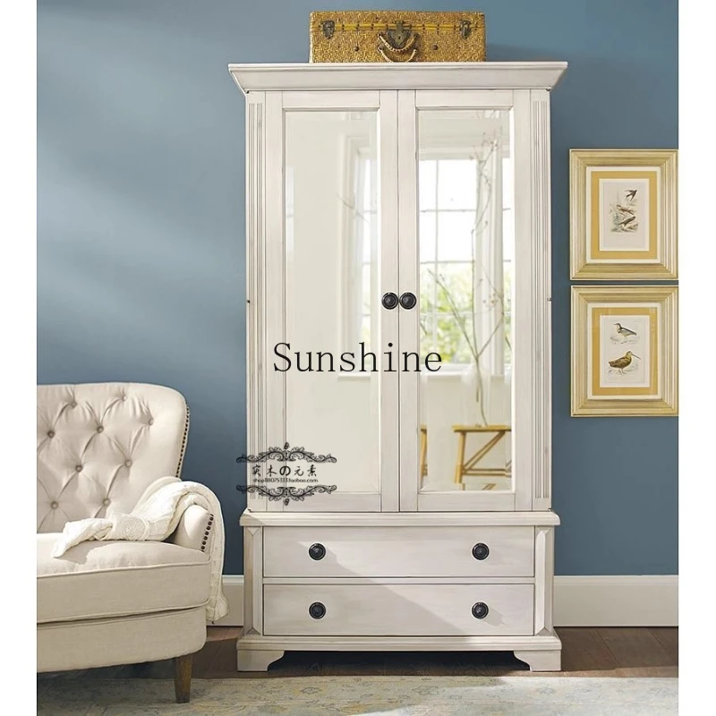 

American country solid wood wardrobe simple with drawers fitting mirror storage