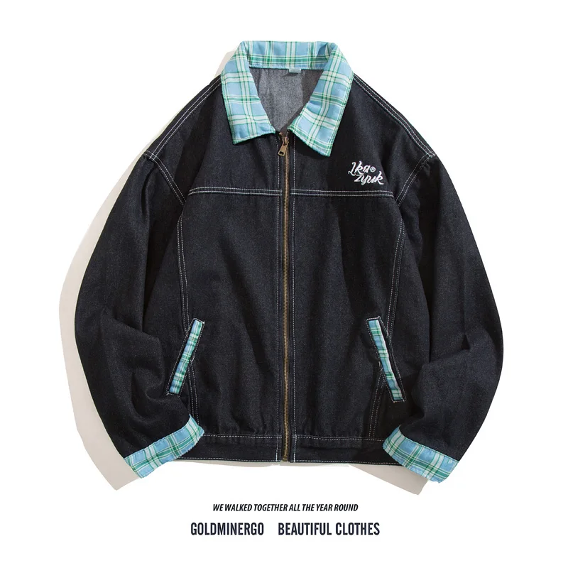 

American Vintage Plaid Splicing Men's Jeans Jaet Spring Autumn Loose Design Sense Color Blo Collar Jaet Casual Wear