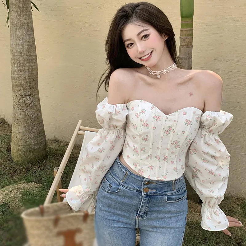 Summer Korean Retro Floral Blouse One-shoulder Slim Sexy Long-sleeved Blouse Navel Bubble Long-sleeved Shirt