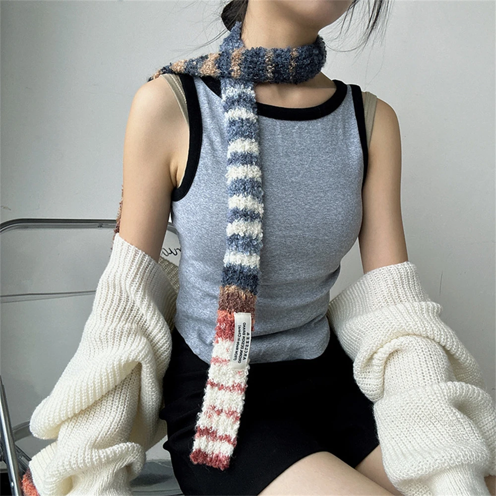 Female Winter Korean Version Knitted Scarves Stripes Spell Color Fine Narrow Long Scarf New Niche Design Women\'s Cashmere Scarf