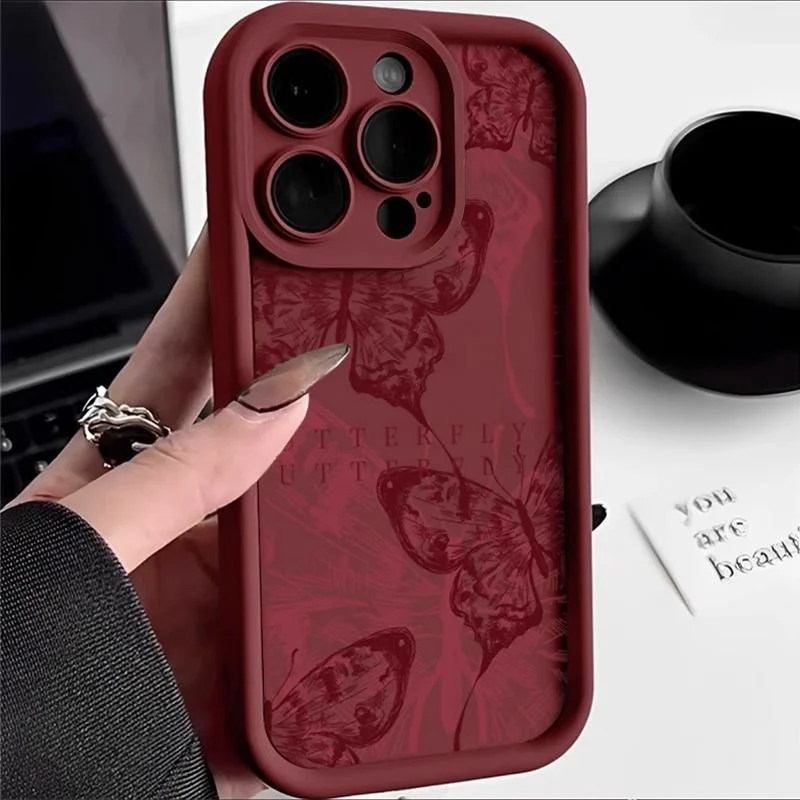Funda de silicona retro roja con mariposa para parejas para iPhone 11 12 13 14 15ProMax XS XR 7 8 Plus SE20, con protección de lente de cámara 4