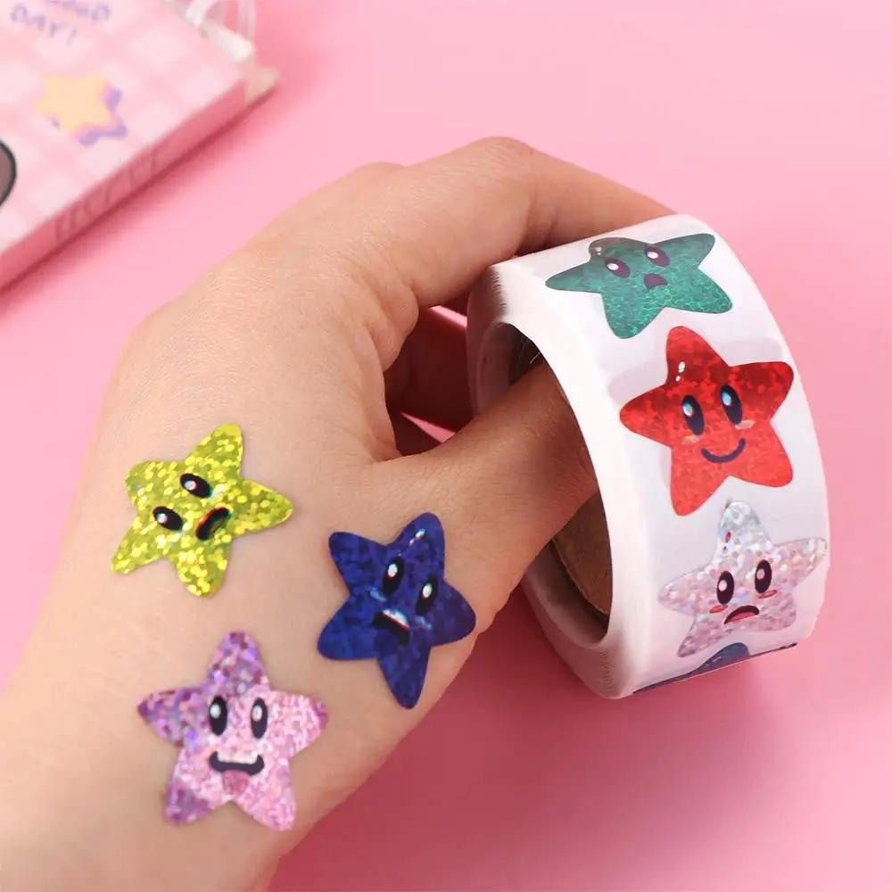 500pcs/roll Self-adhesive Colorful Glitter Star Stickers Office Stationery Vibrant Teacher Encouragement Supply Metallic Glitter