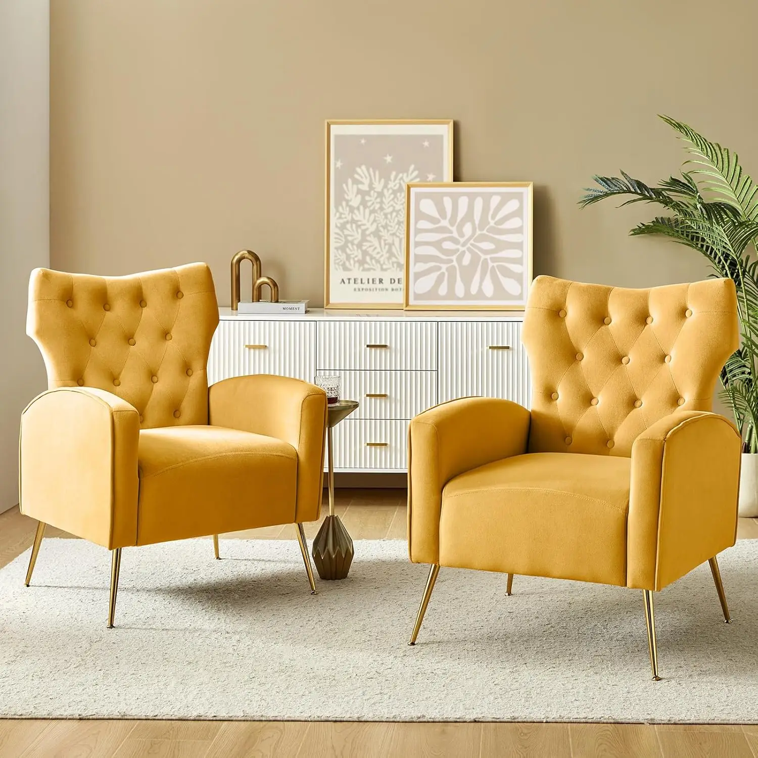 

Tina'S Home Modern Wingback Velvet Accent Chairs Set Of 2, Button Tufted Comfy Armchairs With Gold Legs, Upholstered Sofa