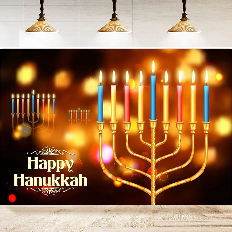 Photography Backdrop 9 Golden Lamp Lights Bokeh Background Jewish Holiday Happy Hanukkah Party Decor Dessert Cake Table Banner