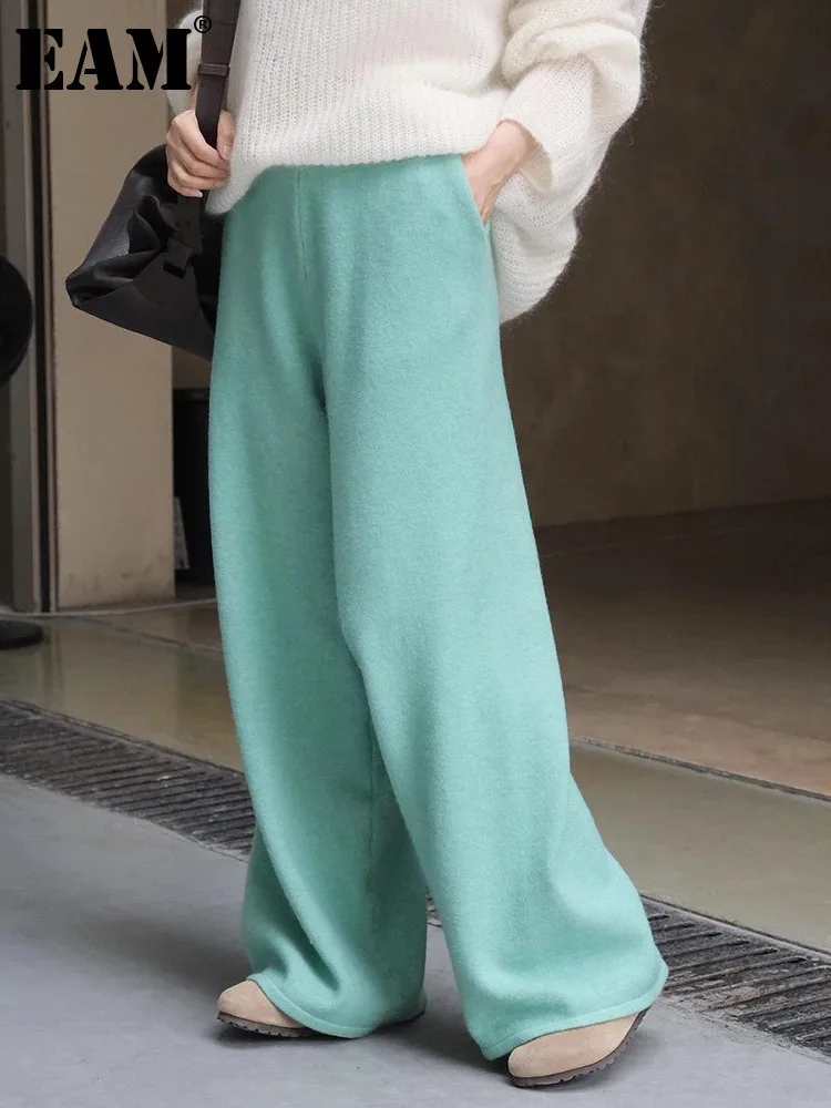 [EAM] High Elastic Waist Green Gray Knitting Long Wide Leg Pants New Trousers Women Fashion Tide Spring Autumn 2024 1DH7432