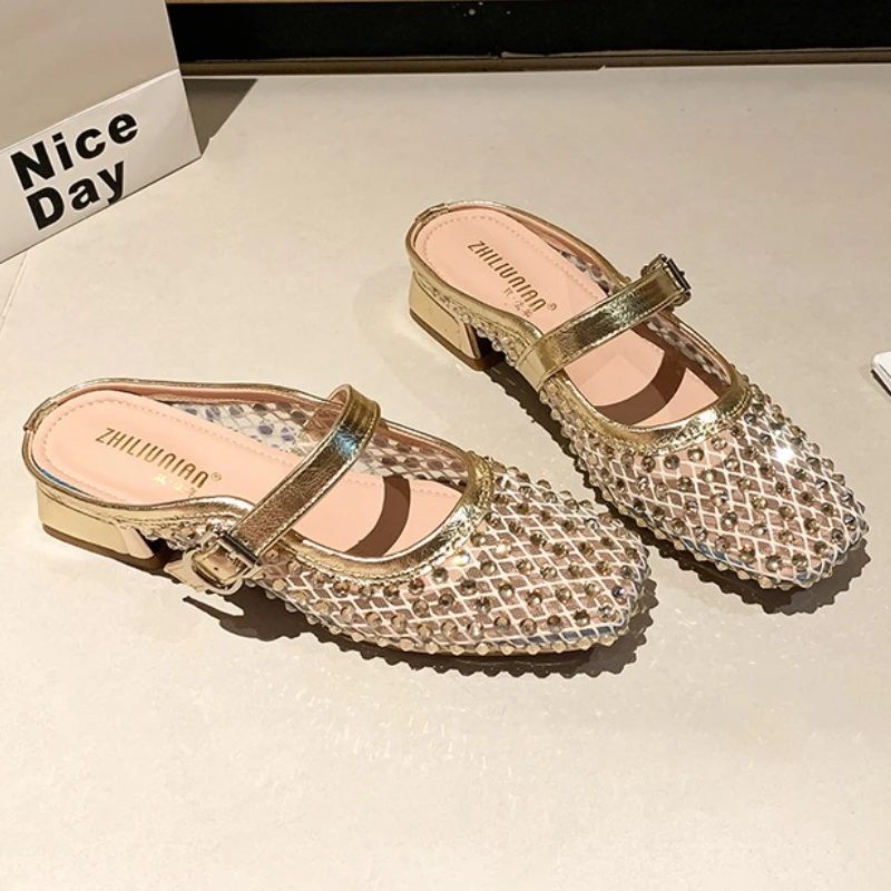 Mesh Rhinestone Chunky Heel Mules Slippers Women Breathable Summer Fashion Slides Square Toe Sandals for Women Pantuflas Mujer