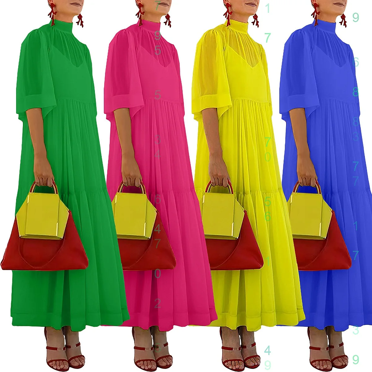 

Women's Spring Summer Chiffon Spliced Short Sleeve Long Dress with Built-in Camisole Matching Set