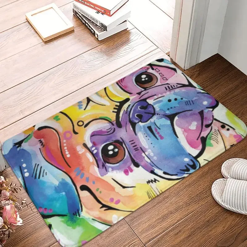 

Мопс Красочные мопсы Арт Собака Любитель домашних животных Напольная дверь Ванная комната Кухонный коврик Противоскользящий Крытый милый коврик для домашних животных Коврик для входа в туалет