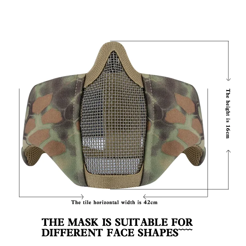 Camuflagem tática meia máscara facial metal aço net malha máscara caça máscara protetora airsoft máscara de proteção de ouvido