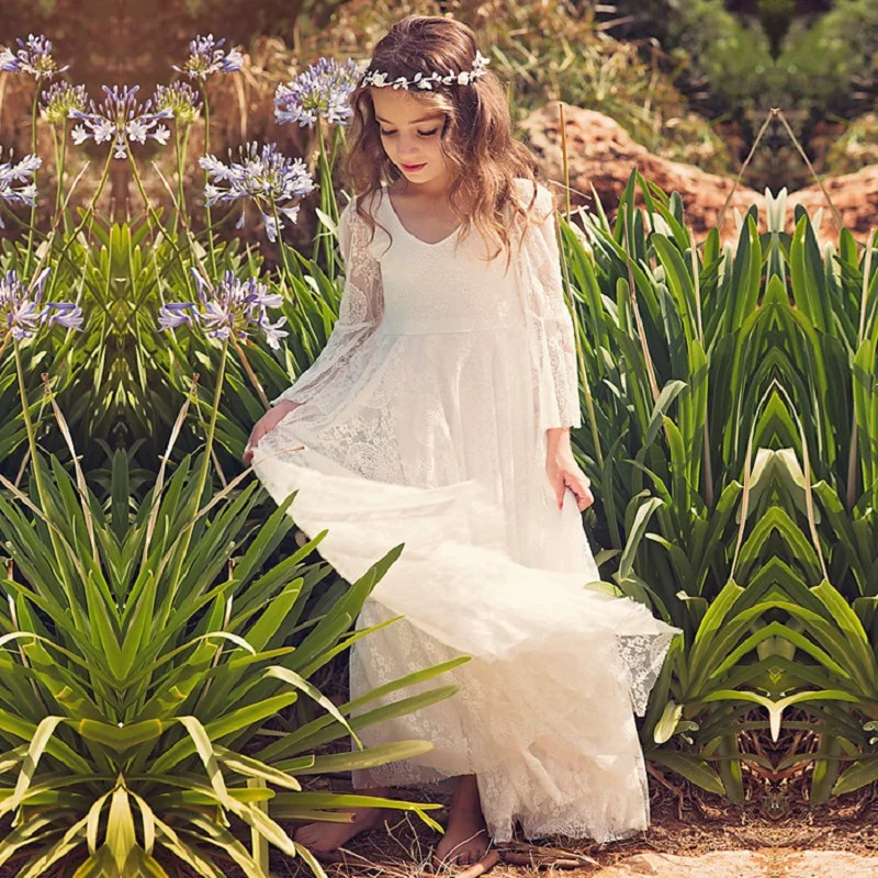 Vestidos largos de gasa de encaje de princesa para niñas, vestido de novia de flores para niñas, vestido de boda bohemio de verano para fiesta de cumpleaños de 2 a 14 años