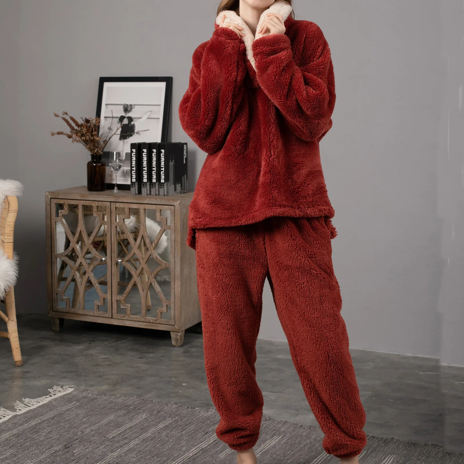 Women’s Fashion Solid Color Hooded Nightgown Supersoft Thick Pajamas Slouchy Warm Loungewear Party Family Sleepwear 2 Piece Set