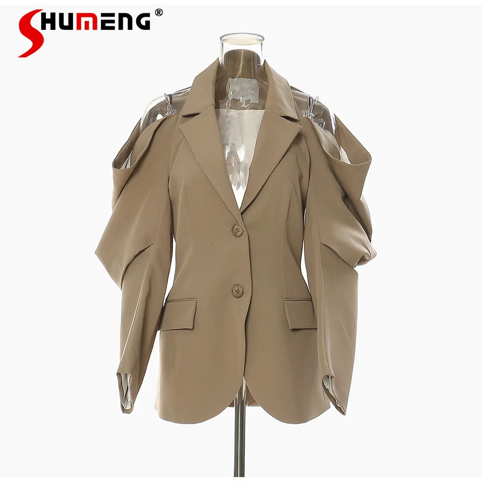 

2023 Spring Summer Design New Off-Shoulder Chain Design Irregular Suit Jacket European and American High Waist Slimming Coat