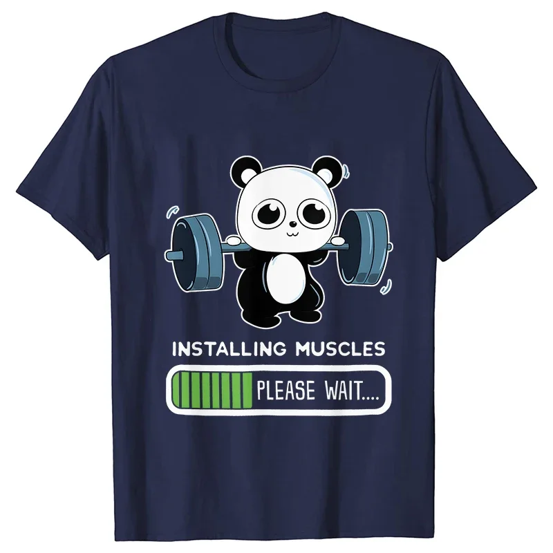 Funny Panda Gym Print T-Shirt Summer Tees for Women O-neck Casual Short Sleeve Weightlifting Installing Muscles Summer Tee Tops