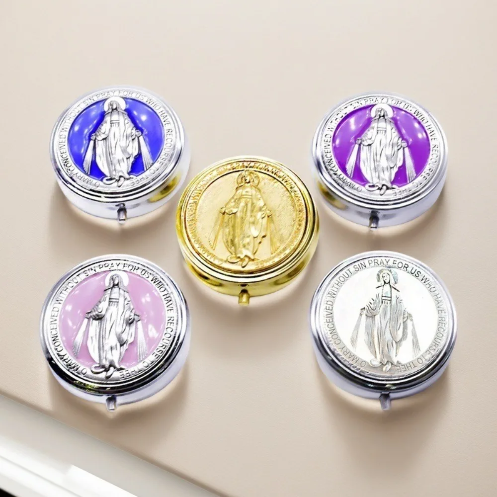 Retro Religious Jewelry Box Round Zinc Alloy Saint Benedict Jewelry Box Elegant Jewelry Storage Box Travel Storage view 5