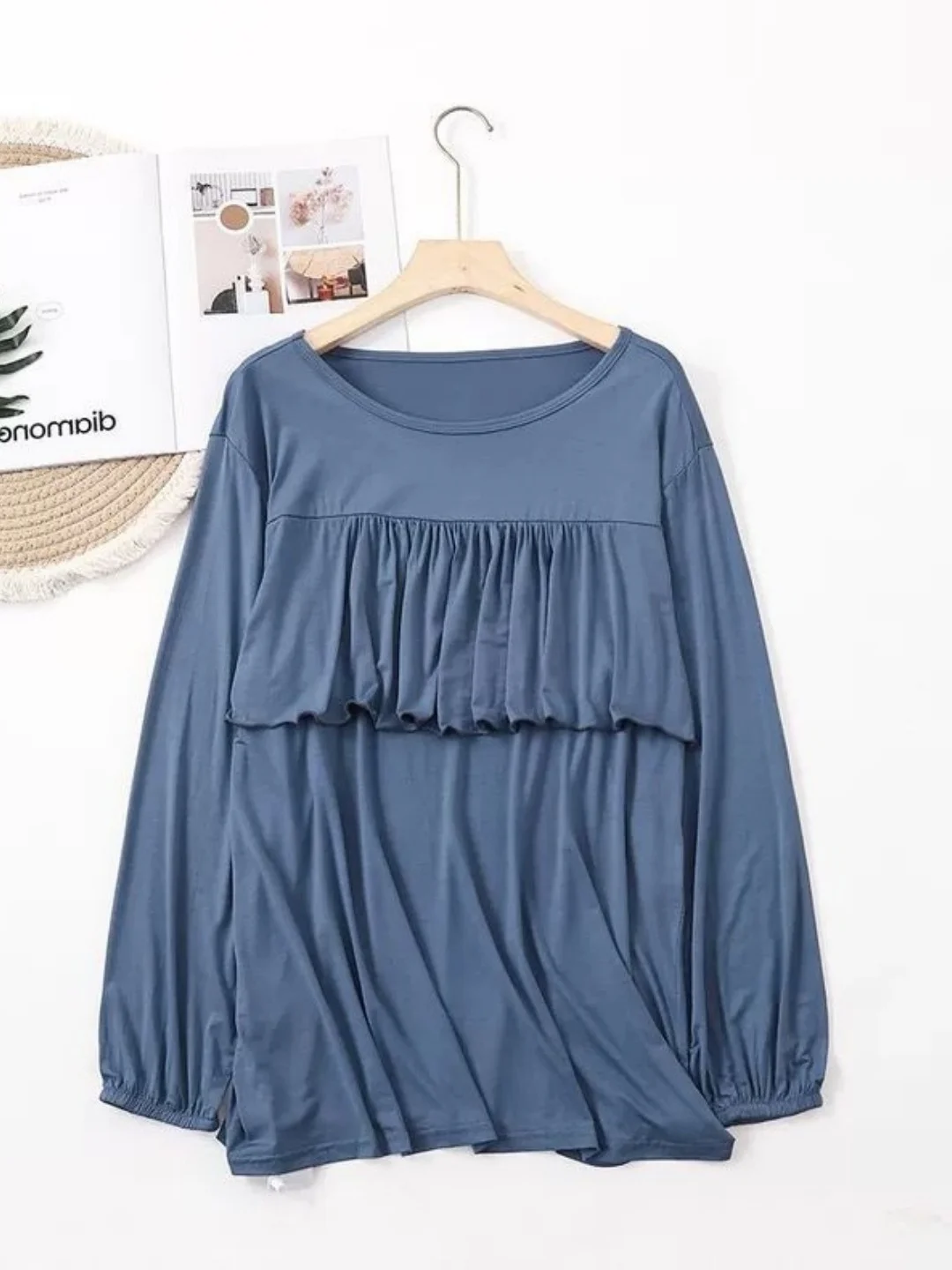 Comfortable round Neck Home Clothes Women's Sleepwear Large Size Pure Color Autumn Fashion Leaf  Splicing Top