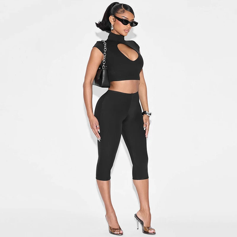 CUTENOVA المرأة نصف عالية الرقبة المستديرة الجبهة الجوف خارج قصيرة الأكمام المحاصيل الأعلى عالية الخصر نحيل سبع نقاط فستان أطفال مع سروال داخلي الإناث #4