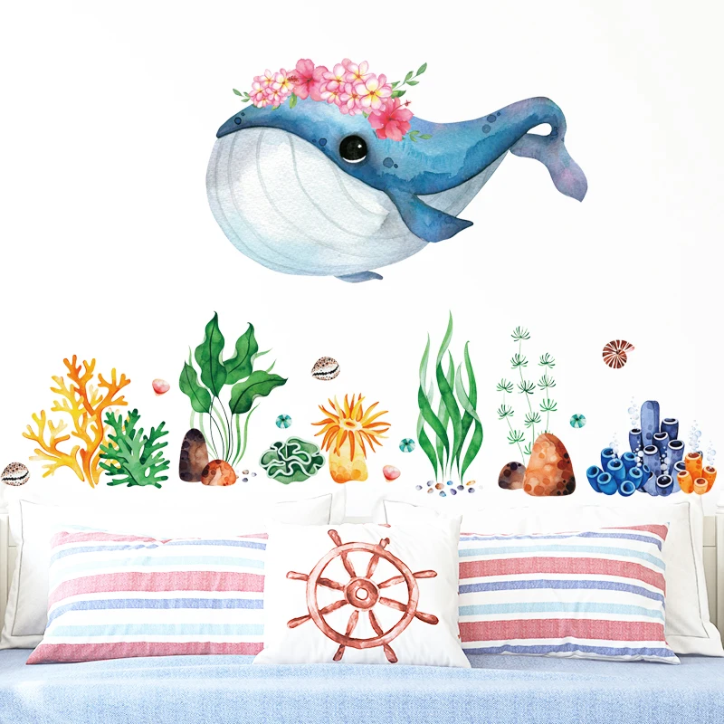 Flower Blue Whale Fish Wall Stickers Underwater Seaweeds Coral Baby Nursery Room Wall Decals for Children Bathroom Living Room