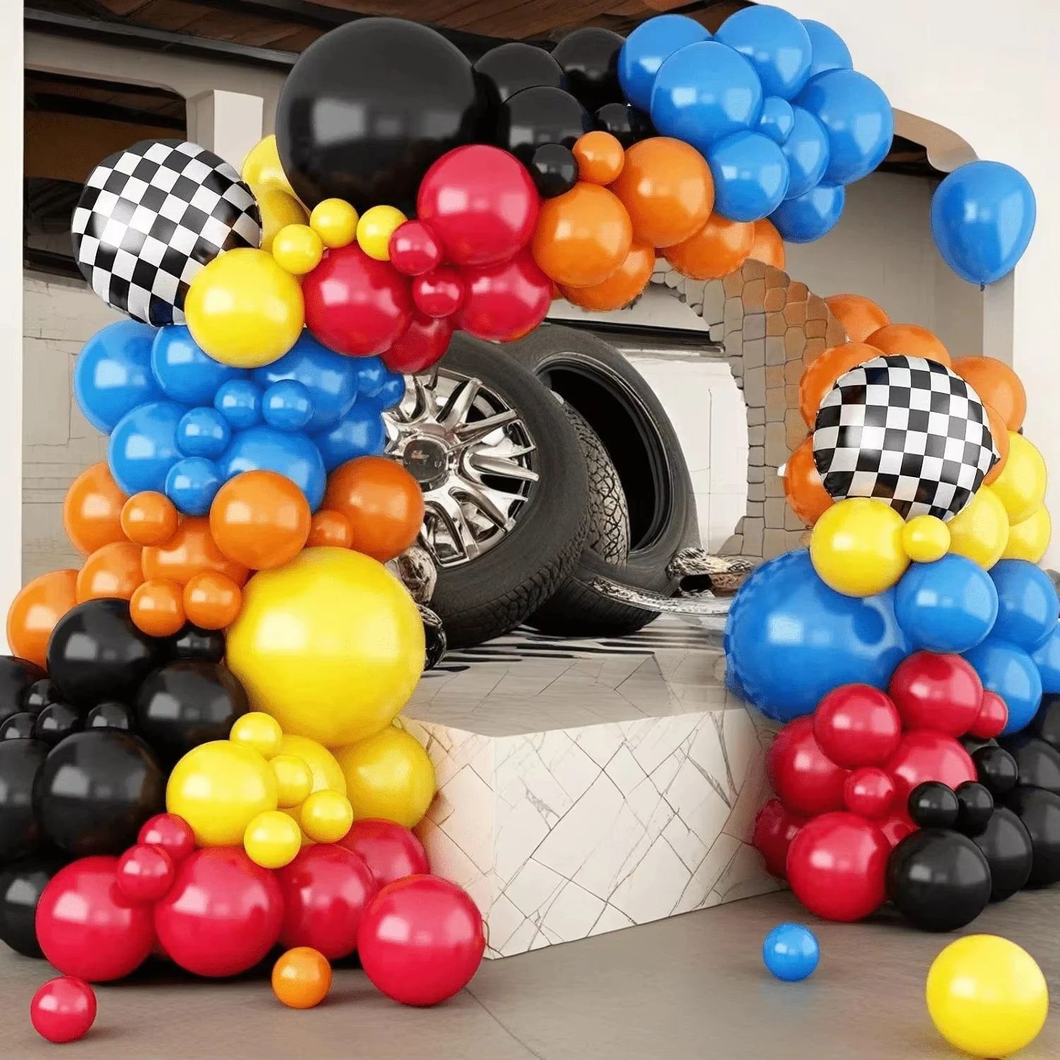 117-teiliges Blau-Rot-Schwarz Kariertes Folienballon-Set Rennwagen-Thema Ballons Bogen Girlande Kit für Jungen Geburtstag Baby-Shower Dekoration
