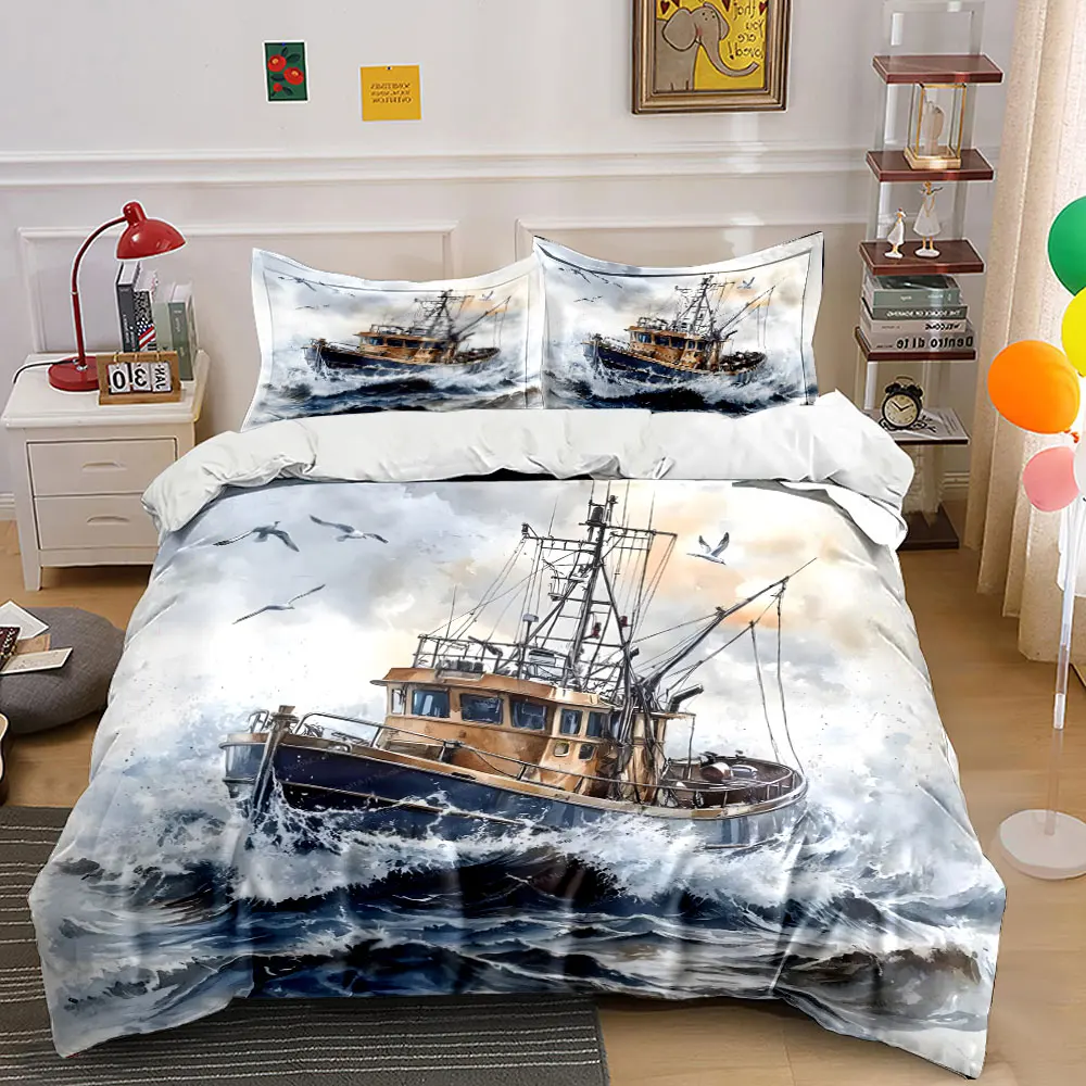 Fishing boat in rough waves Bedding Set for Kids Luxury Gift 3pcs Digital Print Comforter Set Soft Comfortable Breathable