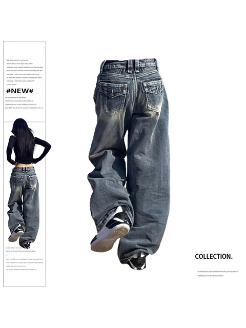 Damskie luźne niebieskie dżinsy w stylu vintage spodnie dżinsowe z wysokim stanem koreańskie 2000s Y2k Harajuku 90s estetyczne spodnie Oversize modne ubrania