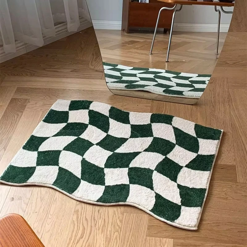 Green Checkered Rug for Bedroom Aesthetic Retro Waved Bath Mat Modern Bathroom Door Mat Small Rug Red Checker Living Room Mat