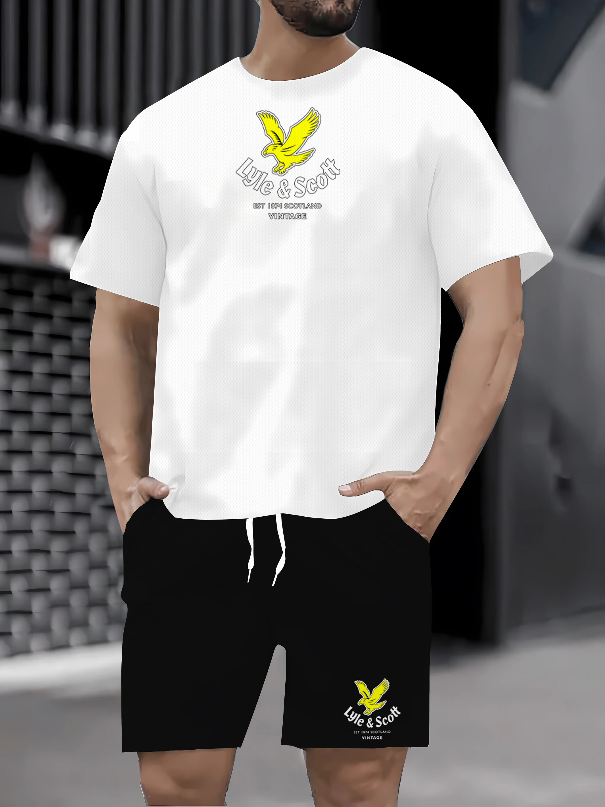 

Verão em torno do pescoço manga curta topo com tecido отпечаток combinando Calças шорты Brug moda рессоруемый roupas 2025ée