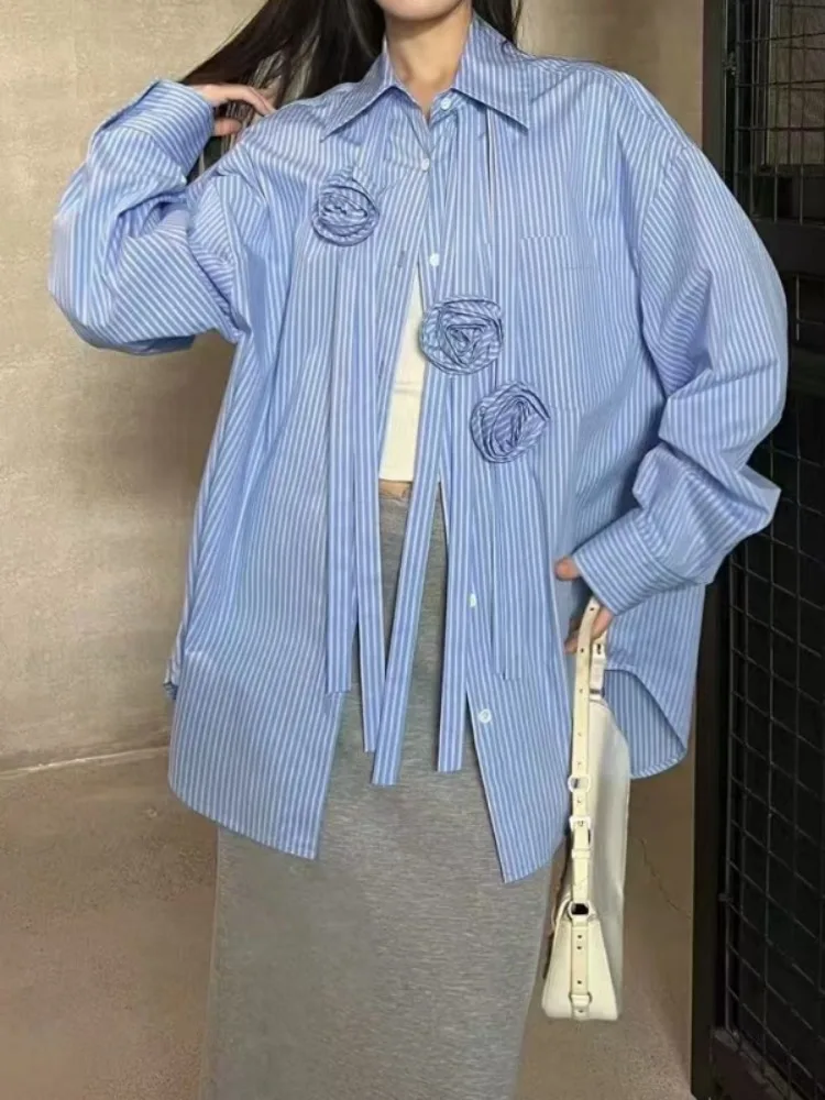 

Beautyblue женская полосатая рубашка с лацканами, блузка, модная свободная блузка с цветочным принтом и длинными рукавами, повседневные женские синие топы, верхняя одежда