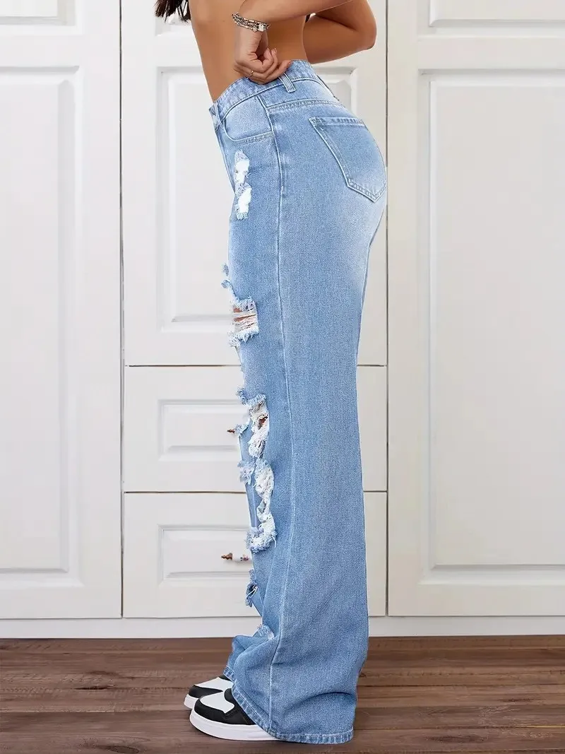 Jeans Ajustados para Mujer con Rasgaduras, Jeans Casuales de Corte Ajustado, Estilo Mom, Cómodos y Elásticos