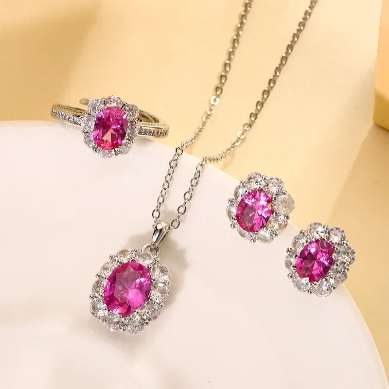 New jewelry S925 silver plated 18K gold inlaid with simulated red corundum retro three sets of cultivated gemstones 8*10-6*8